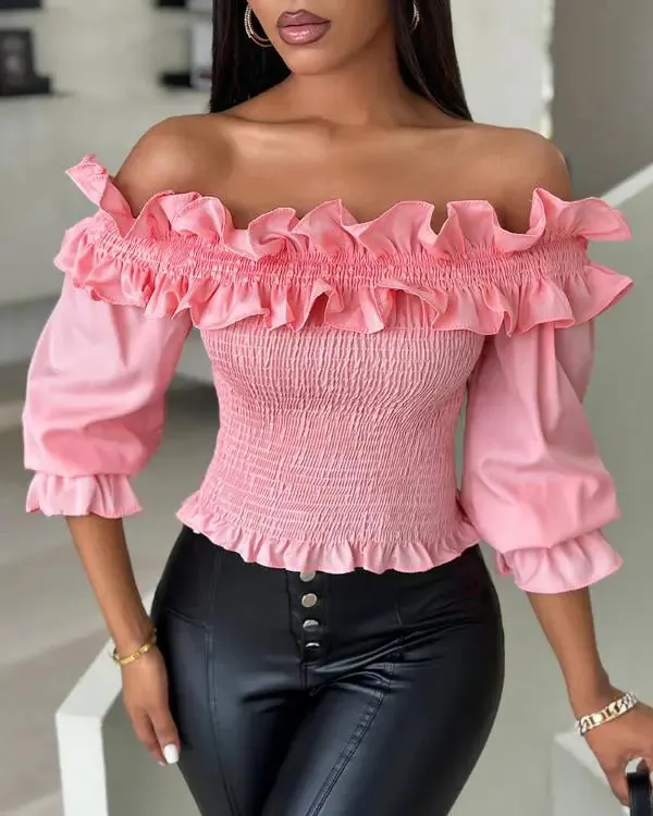 Frill Hem Shirred Off Shoulder Top