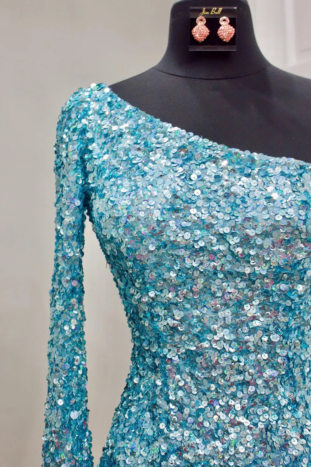 Glittery Royal Blue Sequins Semi Formal Dress with Sleeves