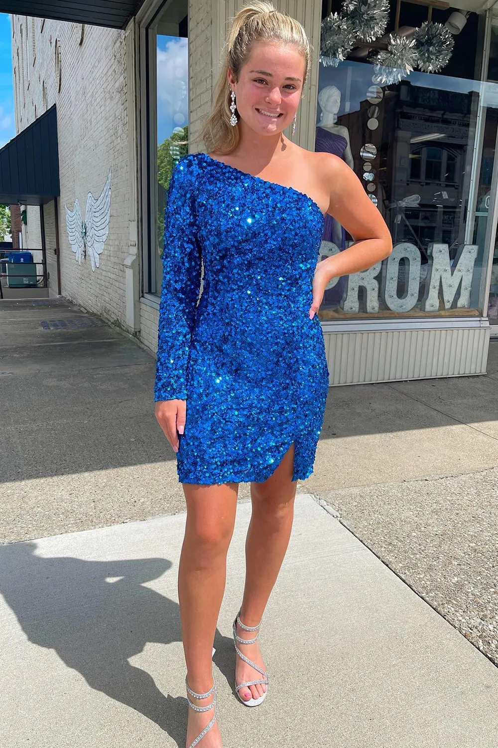 Glittery Royal Blue Sequins Semi Formal Dress with Sleeves