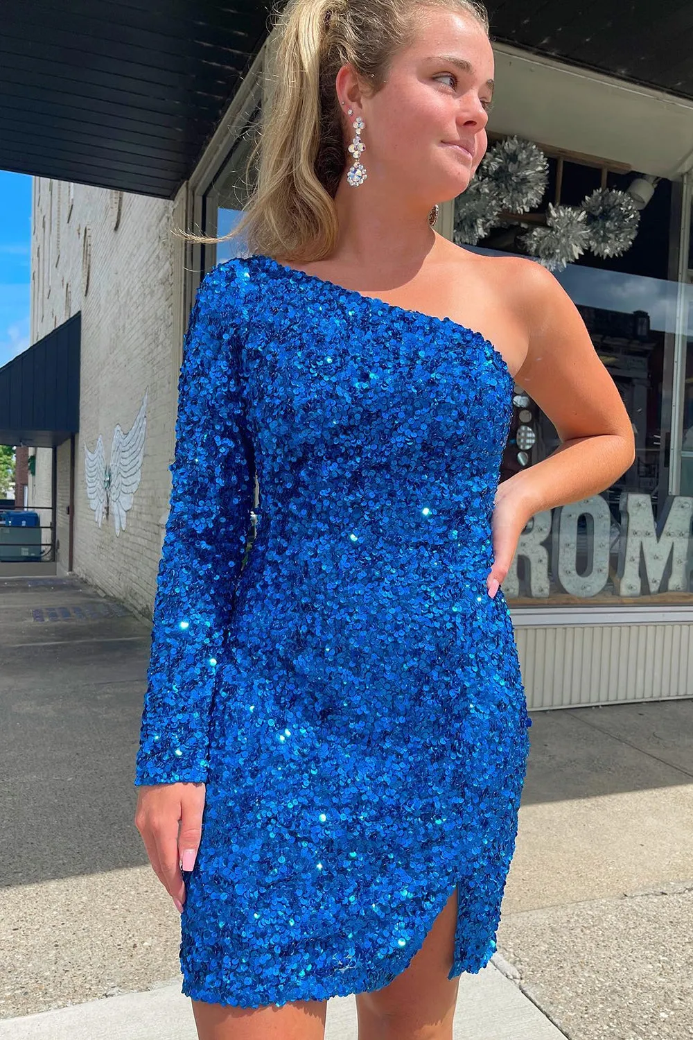 Glittery Royal Blue Sequins Semi Formal Dress with Sleeves