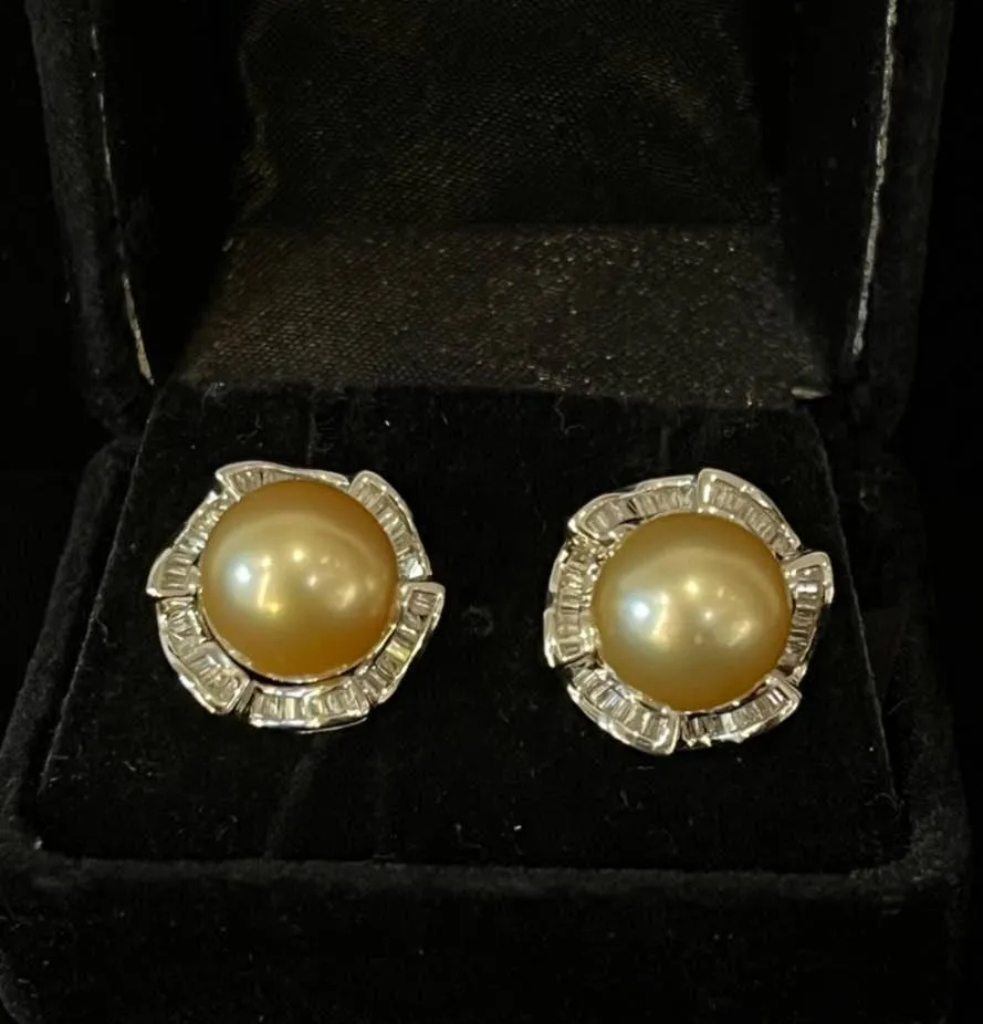 Golden South Sea Pearl and Diamond Earrings