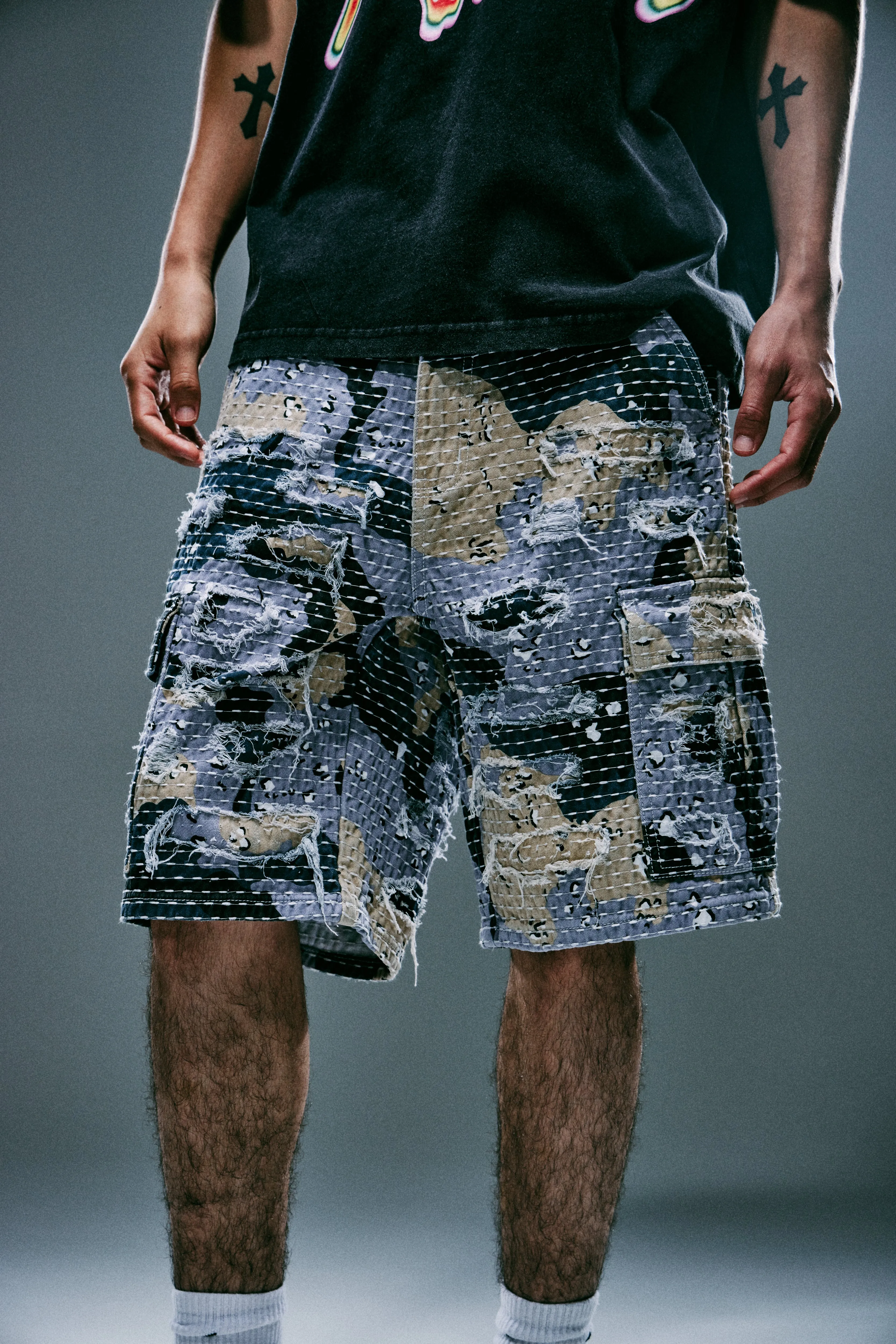 Harajuko Boro Denim Cargo Short