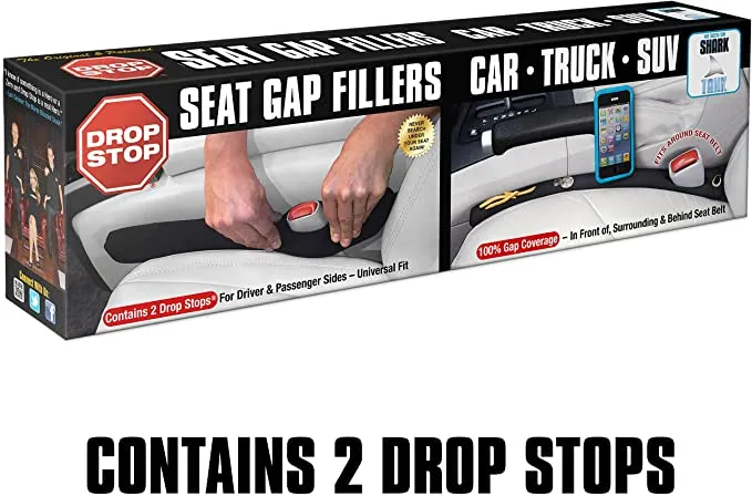 ITEM# 0053   Drop Stop - The Original Patented Car Seat Gap Filler (AS SEEN ON Shark Tank) - Set of 2 and Slide Free Pad and Light (Watch Video)