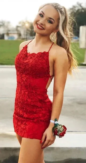 Lace Backless Red Short Homecoming Dresses Sexy Elegant Hoco Gowns