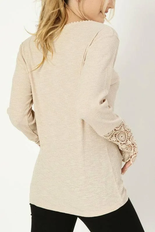 Lace Trim Sleeve Henley Top