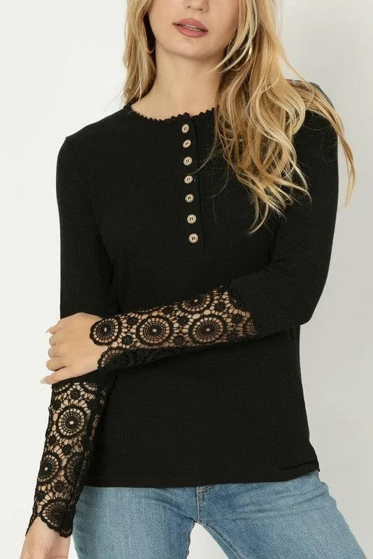 Lace Trim Sleeve Henley Top