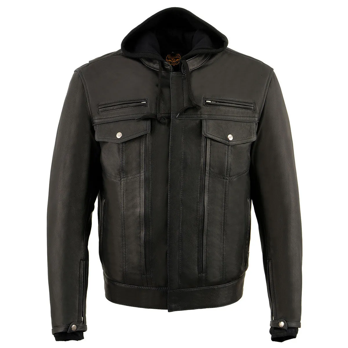 Milwaukee Leather MLM1537 Men's Black Leather ‘Utility Pocket’ Vented Jacket with Removable Hoodie