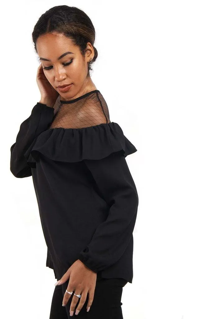 Net and Chiffon Ruffle Detail Blouse Top