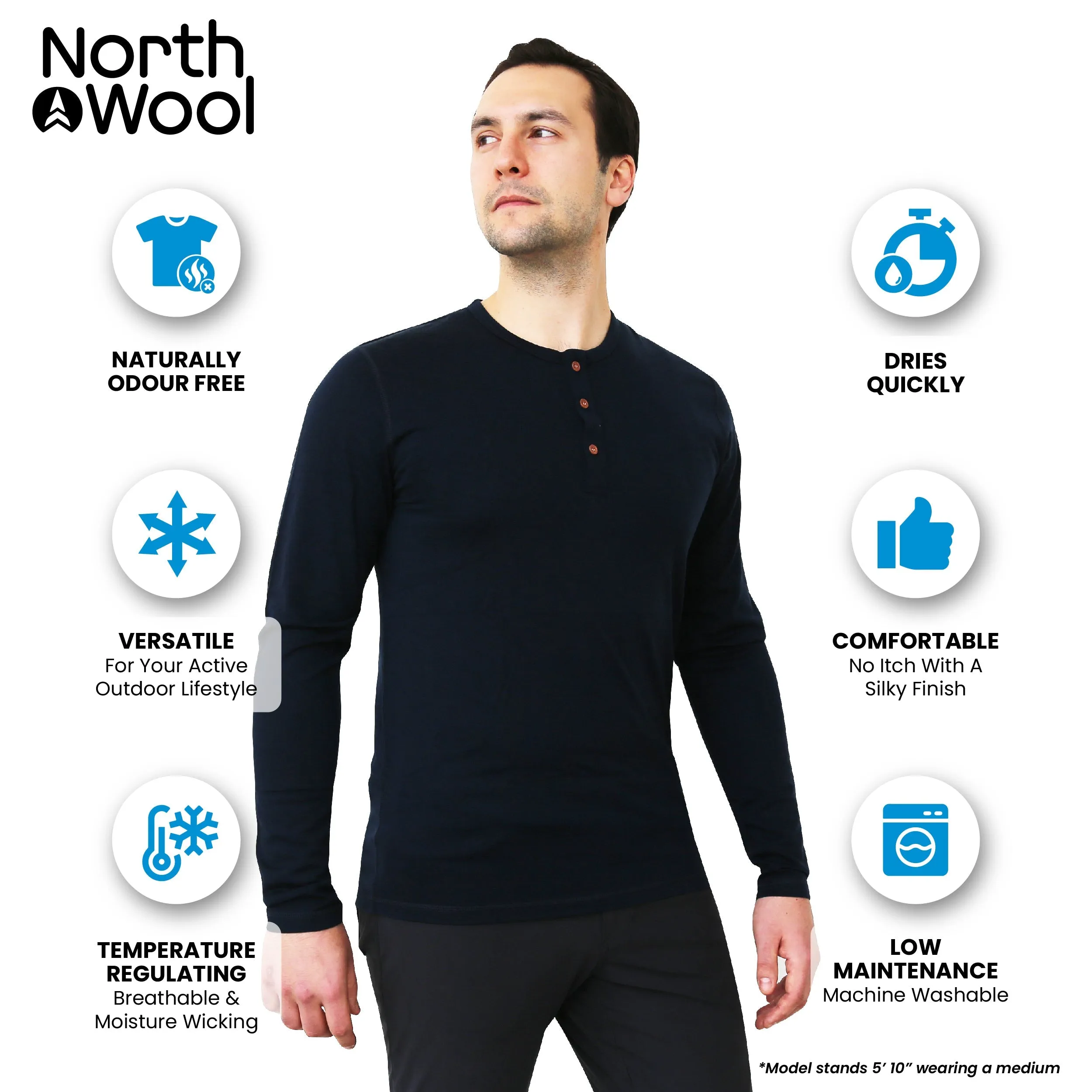 NorthWool Men's 100% Merino Wool Long Sleeve Henley Base Layer Shirt 260 GSM