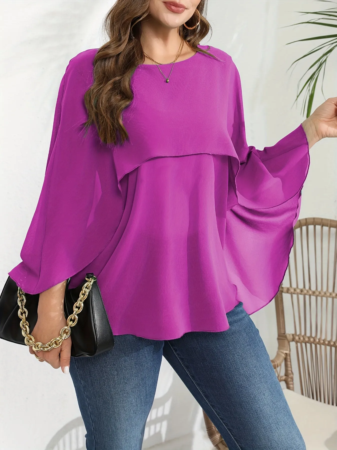 Plus Size Elegant Batwing Sleeve Crew Neck Shirt - Semi-Sheer, Solid Color, Non-Stretch Polyester Blouse for Spring, Summer, and Fall - Woven, No Printing, Shirting Style Top