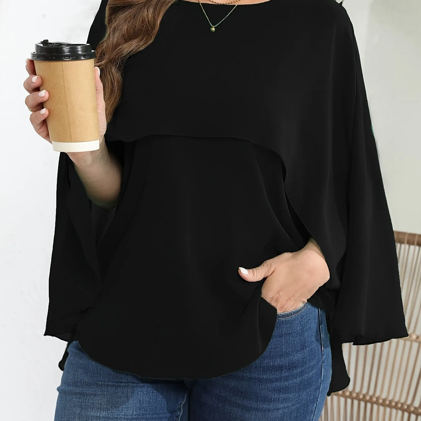 Plus Size Elegant Batwing Sleeve Crew Neck Shirt - Semi-Sheer, Solid Color, Non-Stretch Polyester Blouse for Spring, Summer, and Fall - Woven, No Printing, Shirting Style Top