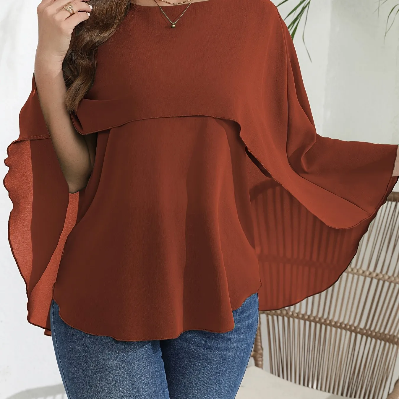 Plus Size Elegant Batwing Sleeve Crew Neck Shirt - Semi-Sheer, Solid Color, Non-Stretch Polyester Blouse for Spring, Summer, and Fall - Woven, No Printing, Shirting Style Top