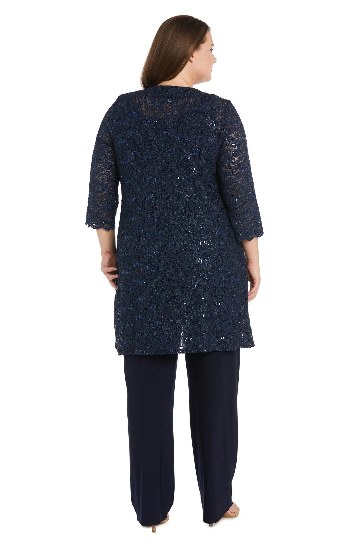 Plus Size Women's Pearl-Adorned Neckline Lace Three Piece Pant Suit