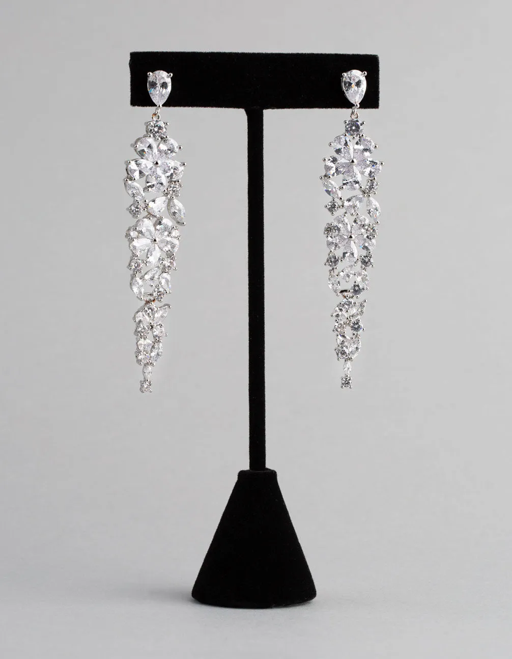 Rhodium Cubic Zirconia Statement Flower Drop Earrings