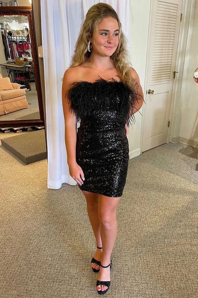 Sequin Strapless Feather Bodycon Homecoming Dresses Midi Cocktail Dress