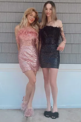 Sequin Strapless Feather Bodycon Homecoming Dresses Midi Cocktail Dress