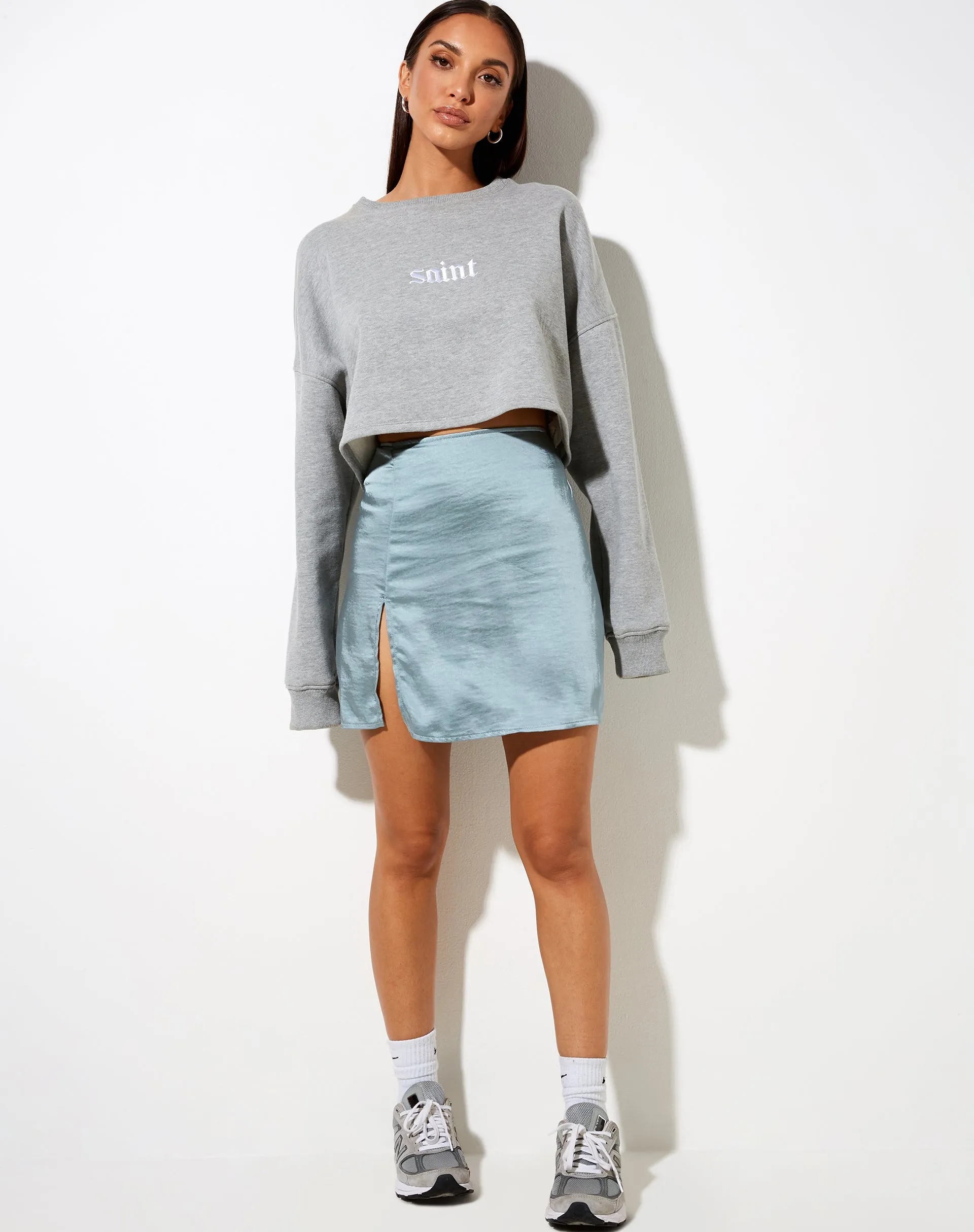 Shenka Mini Skirt in Satin Silver Blue