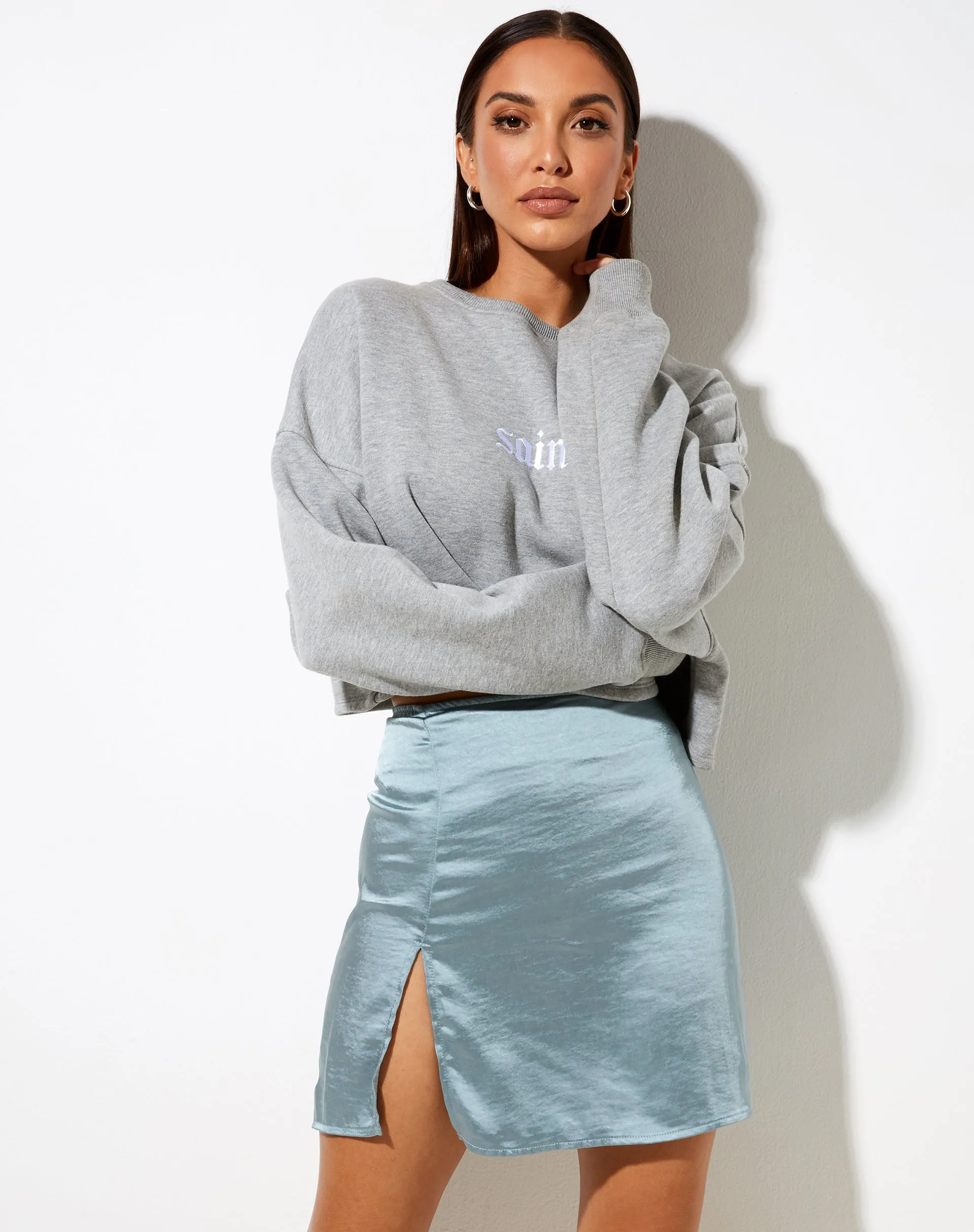 Shenka Mini Skirt in Satin Silver Blue