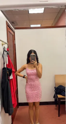 Sparkly Pink Cocktail Dresses Sequin Semi Formal Dress for Woman