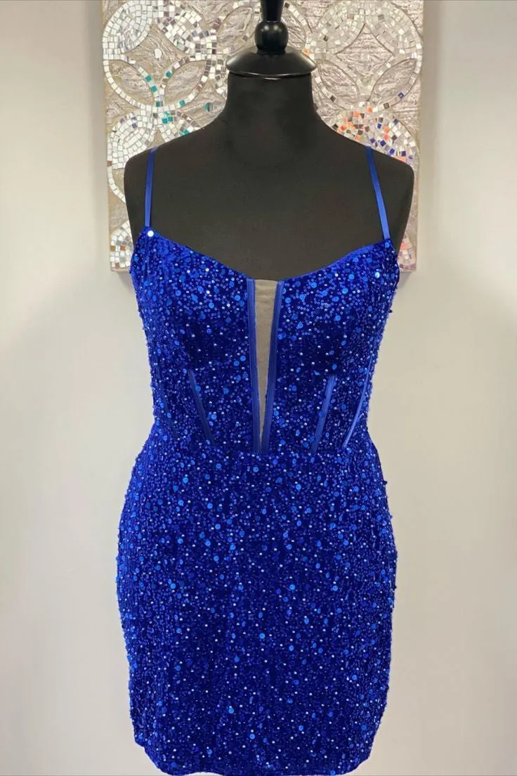 Straps Royal Blue Sequins Bodycon Homecoming Dresses