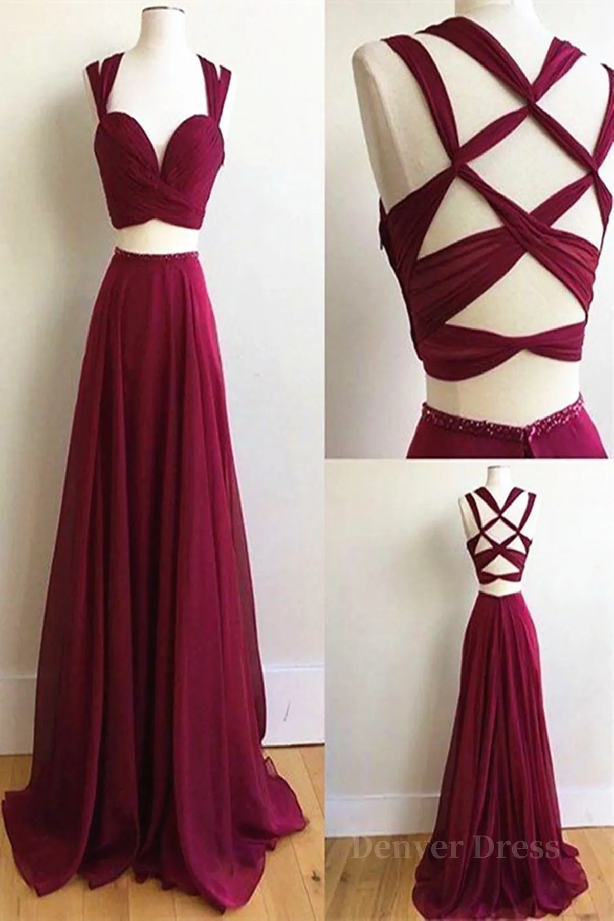 Two Pieces Burgundy Chiffon Long Prom Dresses 2 Pieces Wine Red Long Formal Evening Dresses