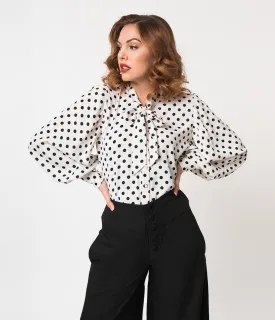 Unique Vintage White & Black Polka Dot Crepe Neck Tie Gwen Blouse