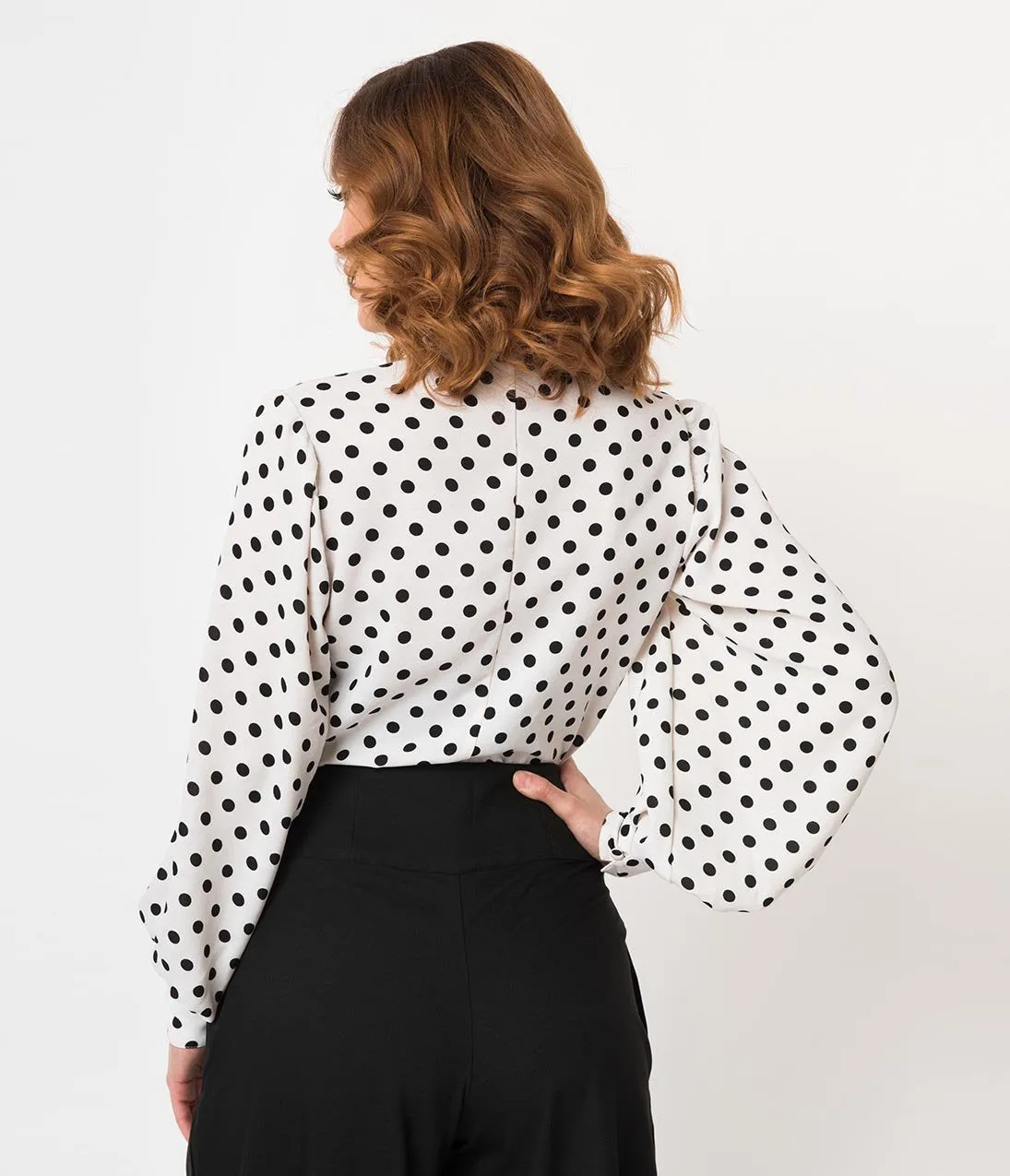 Unique Vintage White & Black Polka Dot Crepe Neck Tie Gwen Blouse