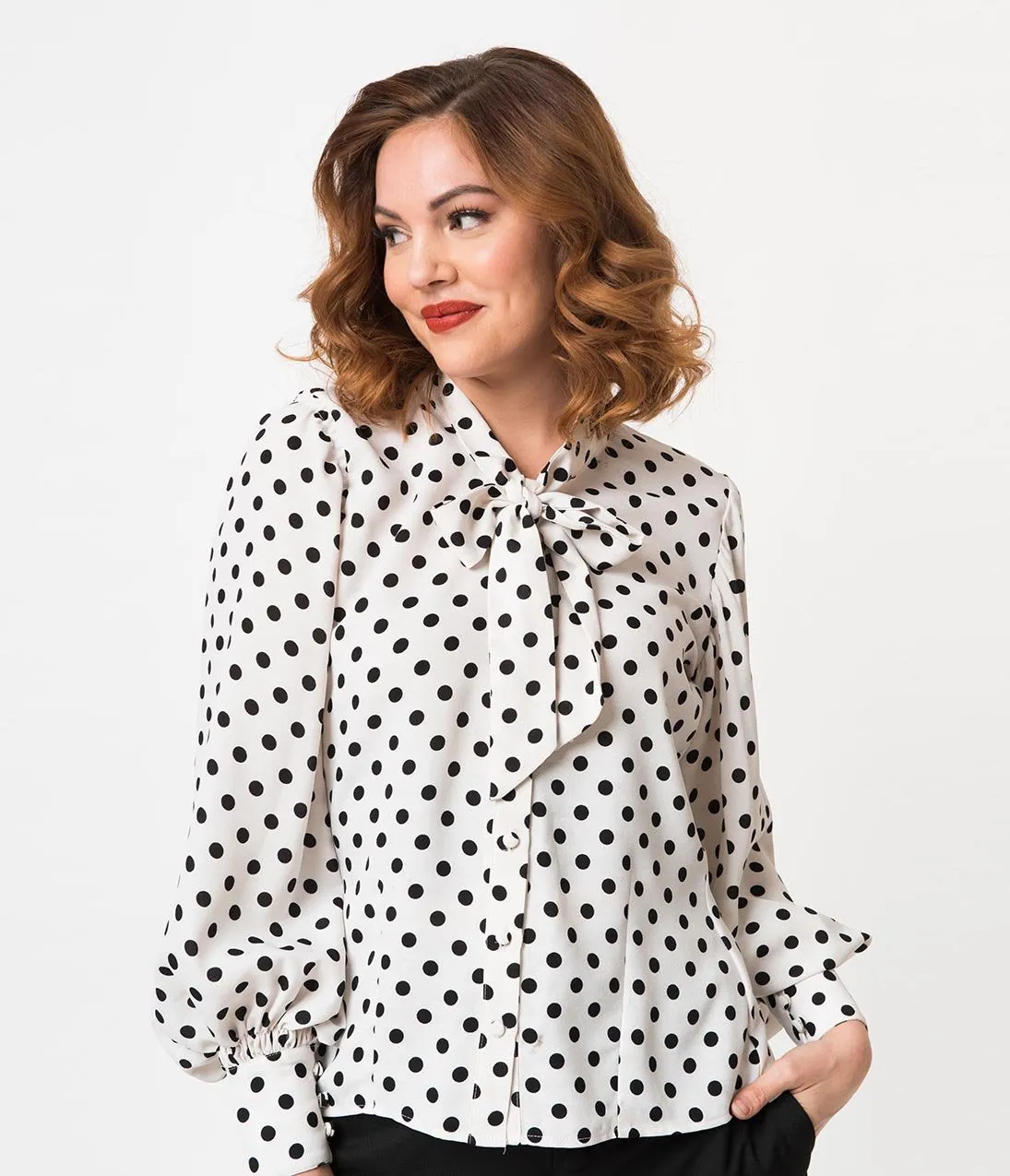 Unique Vintage White & Black Polka Dot Crepe Neck Tie Gwen Blouse