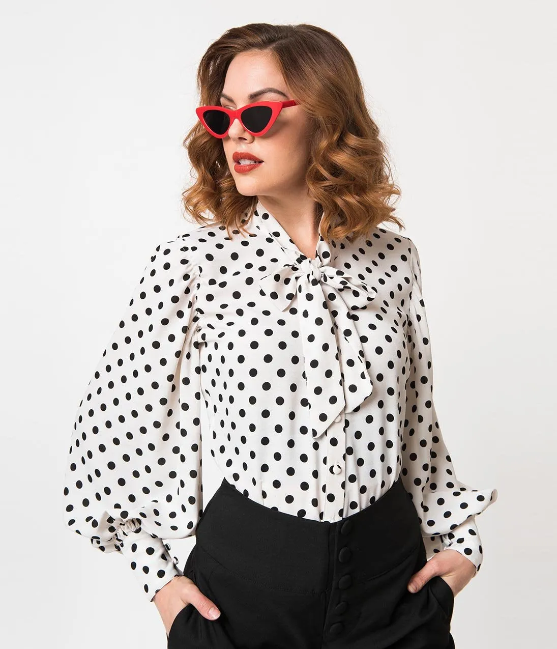 Unique Vintage White & Black Polka Dot Crepe Neck Tie Gwen Blouse