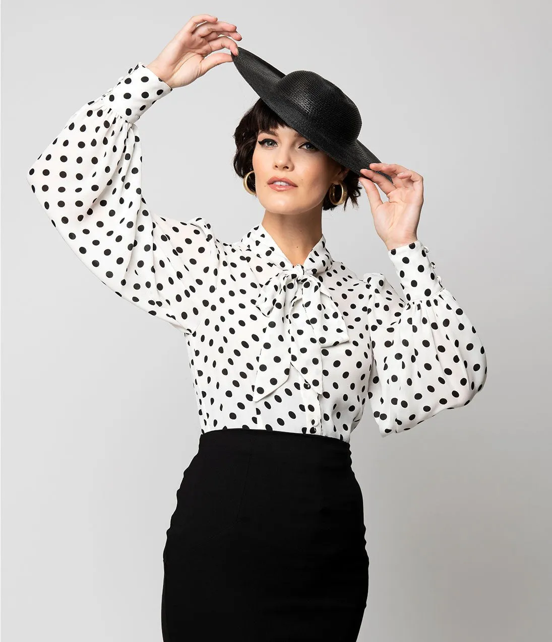 Unique Vintage White & Black Polka Dot Crepe Neck Tie Gwen Blouse