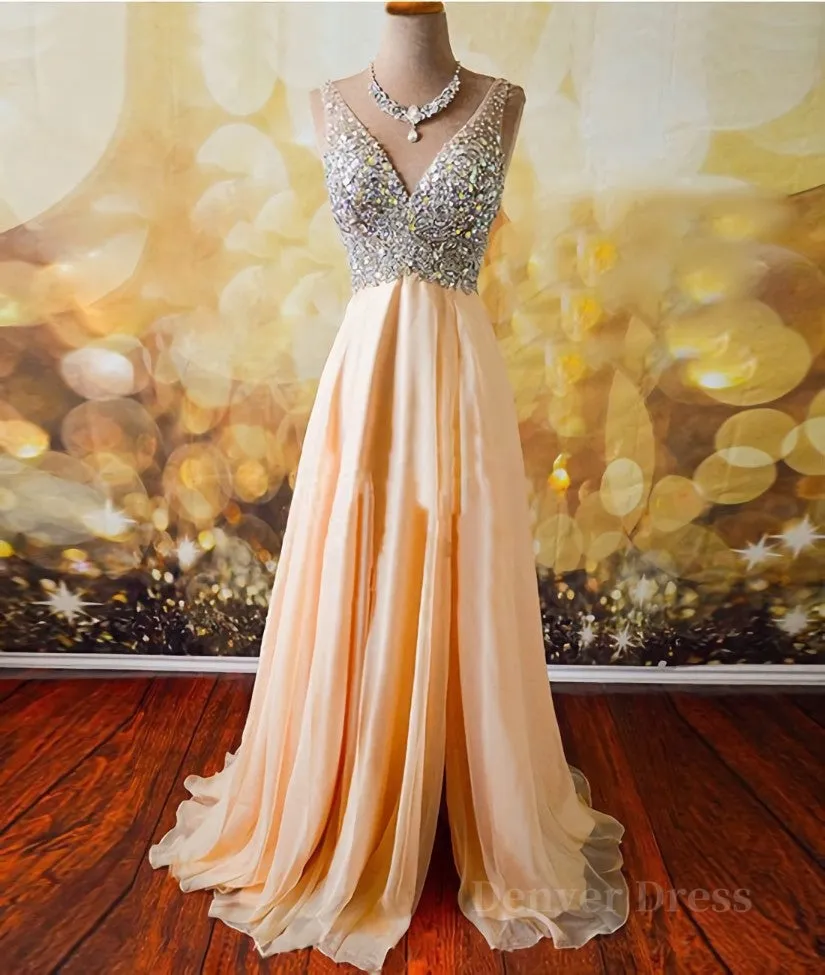 V Neck And V Back Sequins Chiffon Prom Dresses Long Formal Dresses Evening Dresses