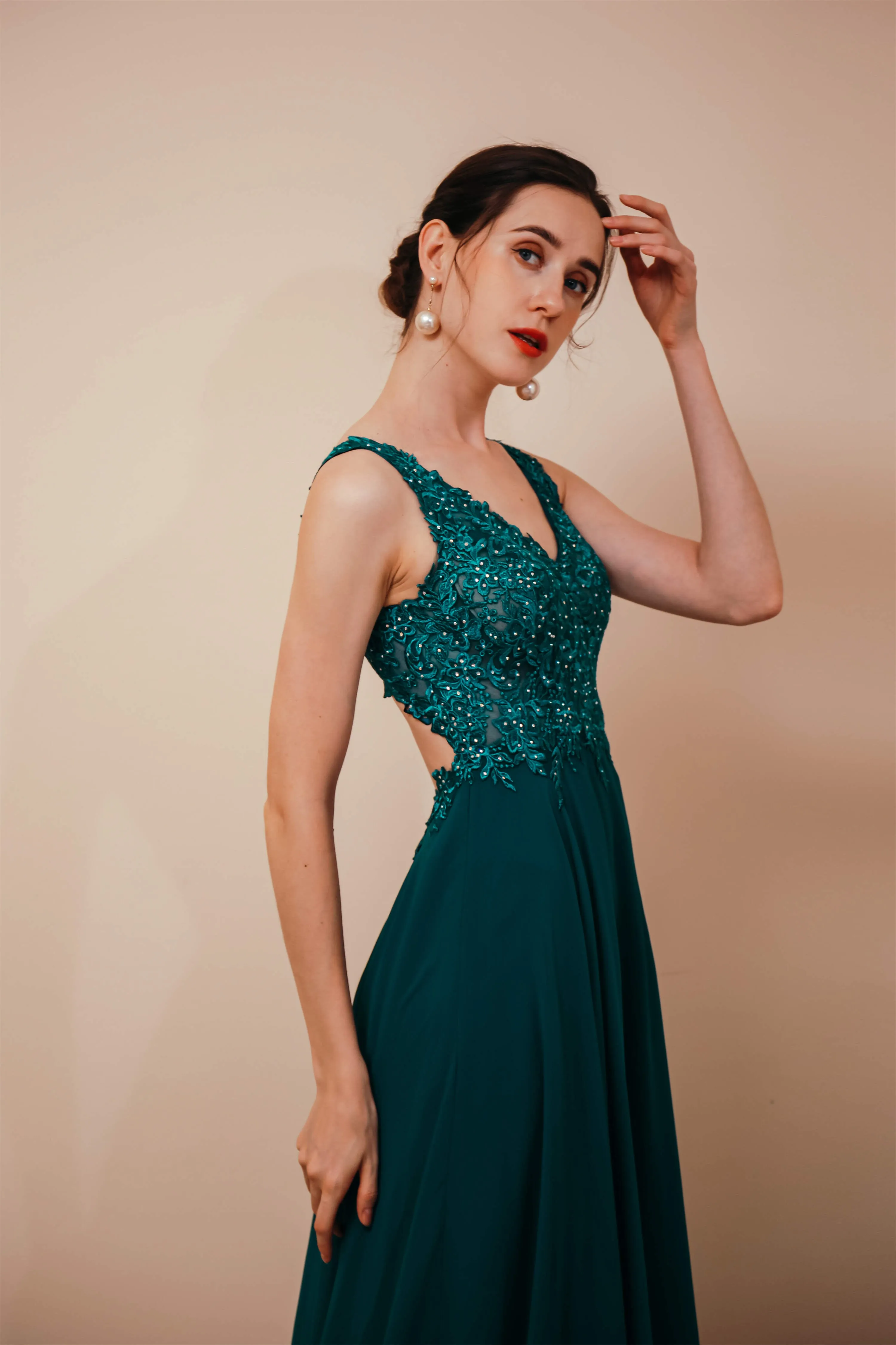 V-Neck Chiffon Appliques A Line Long Prom Dresses