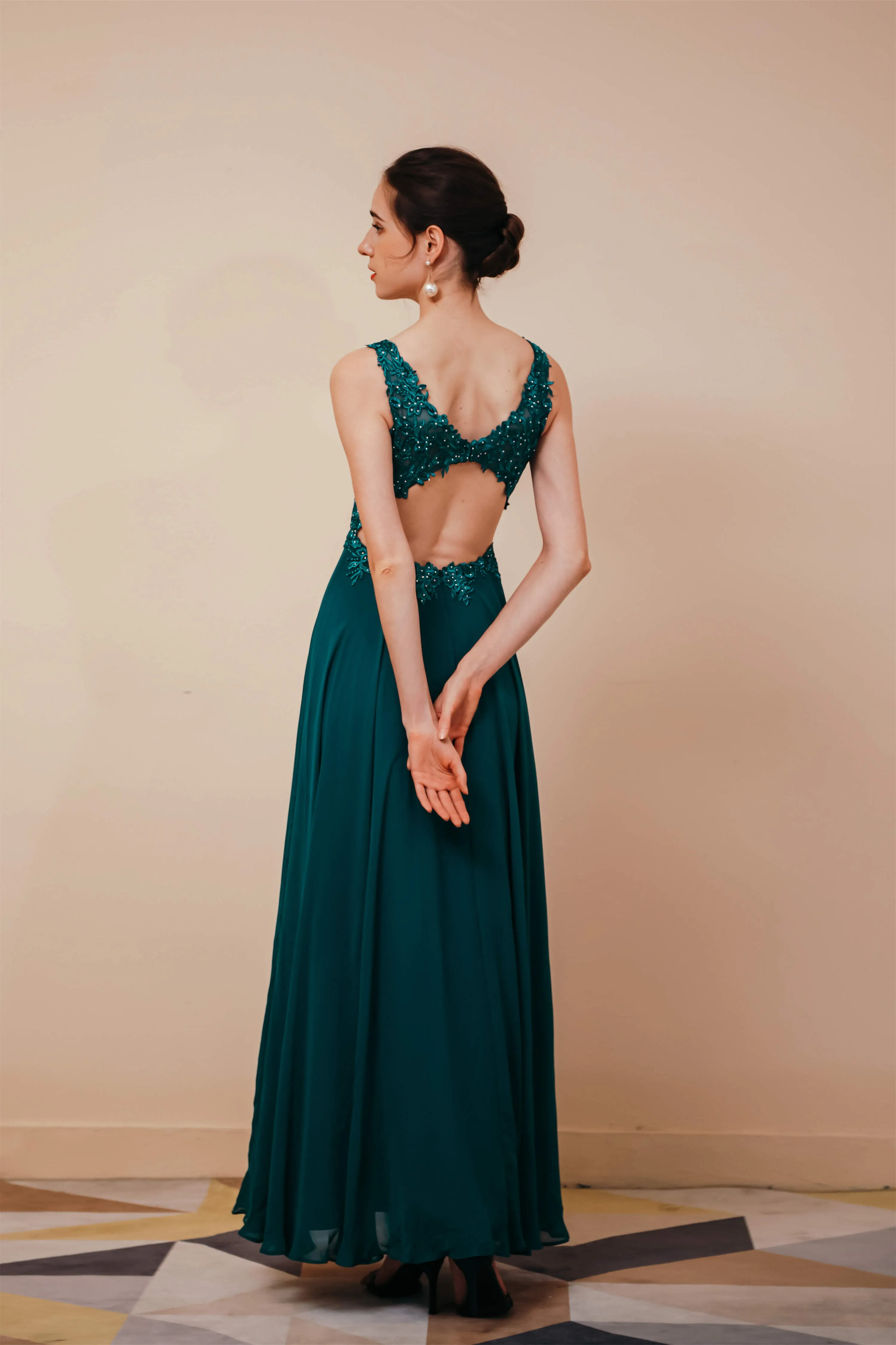 V-Neck Chiffon Appliques A Line Long Prom Dresses