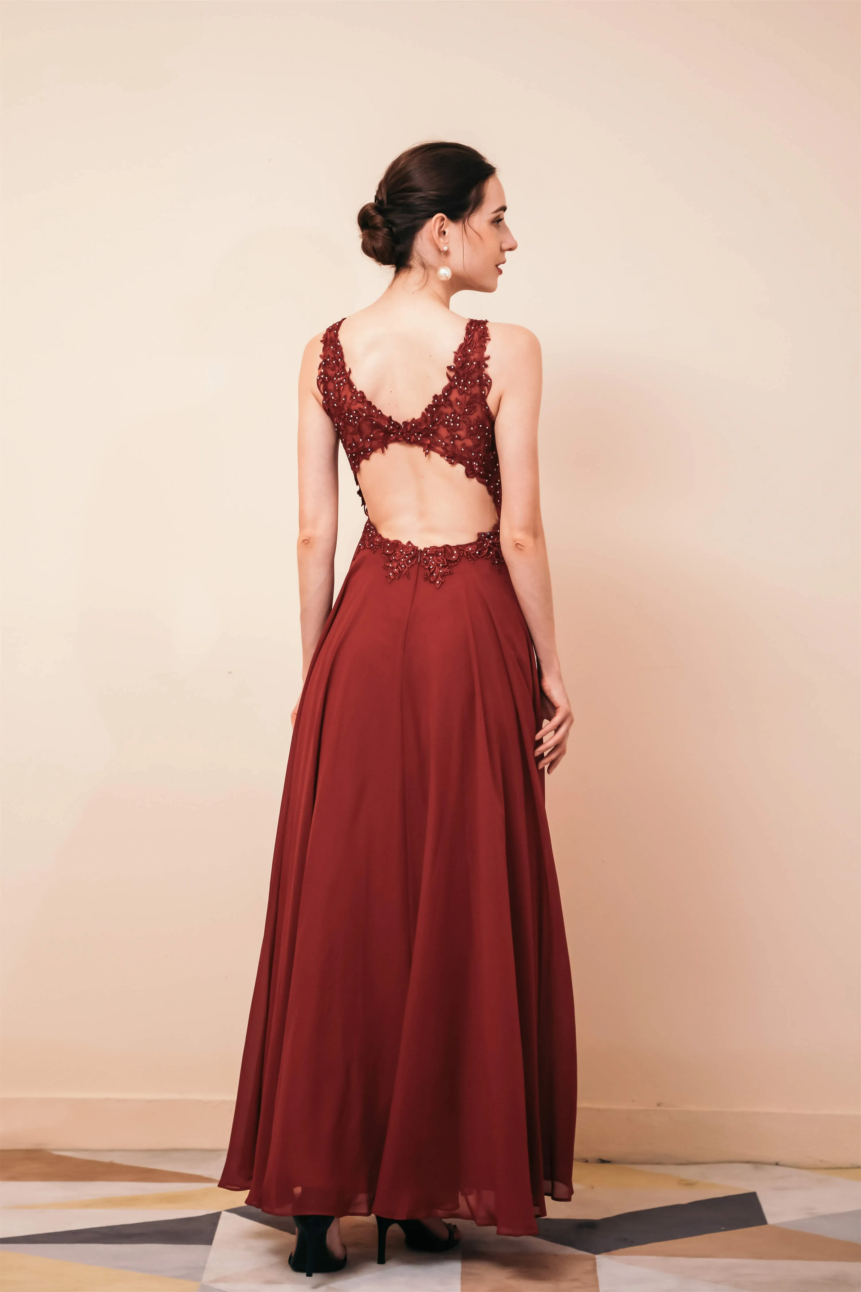 V-Neck Chiffon Appliques A Line Long Prom Dresses