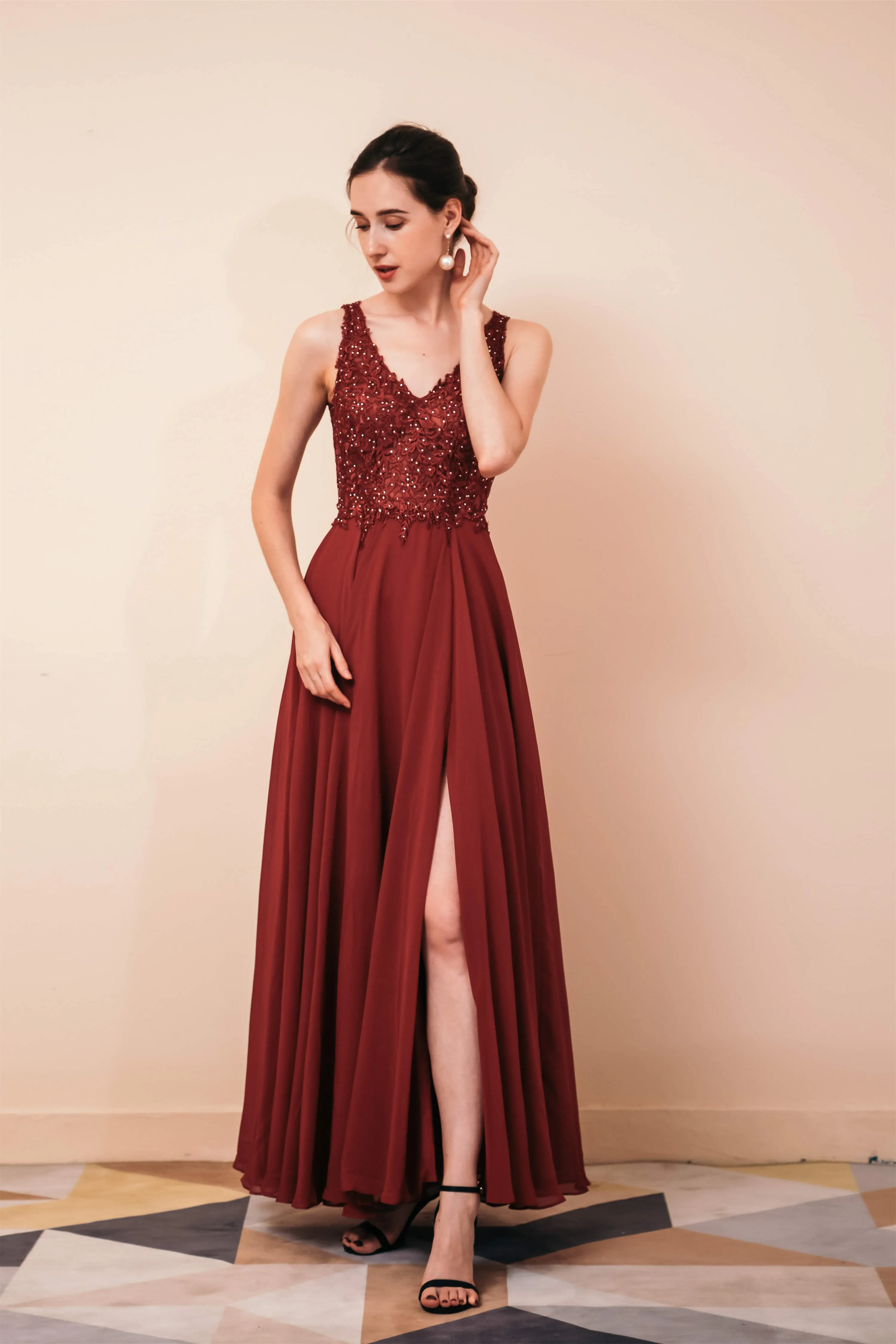 V-Neck Chiffon Appliques A Line Long Prom Dresses