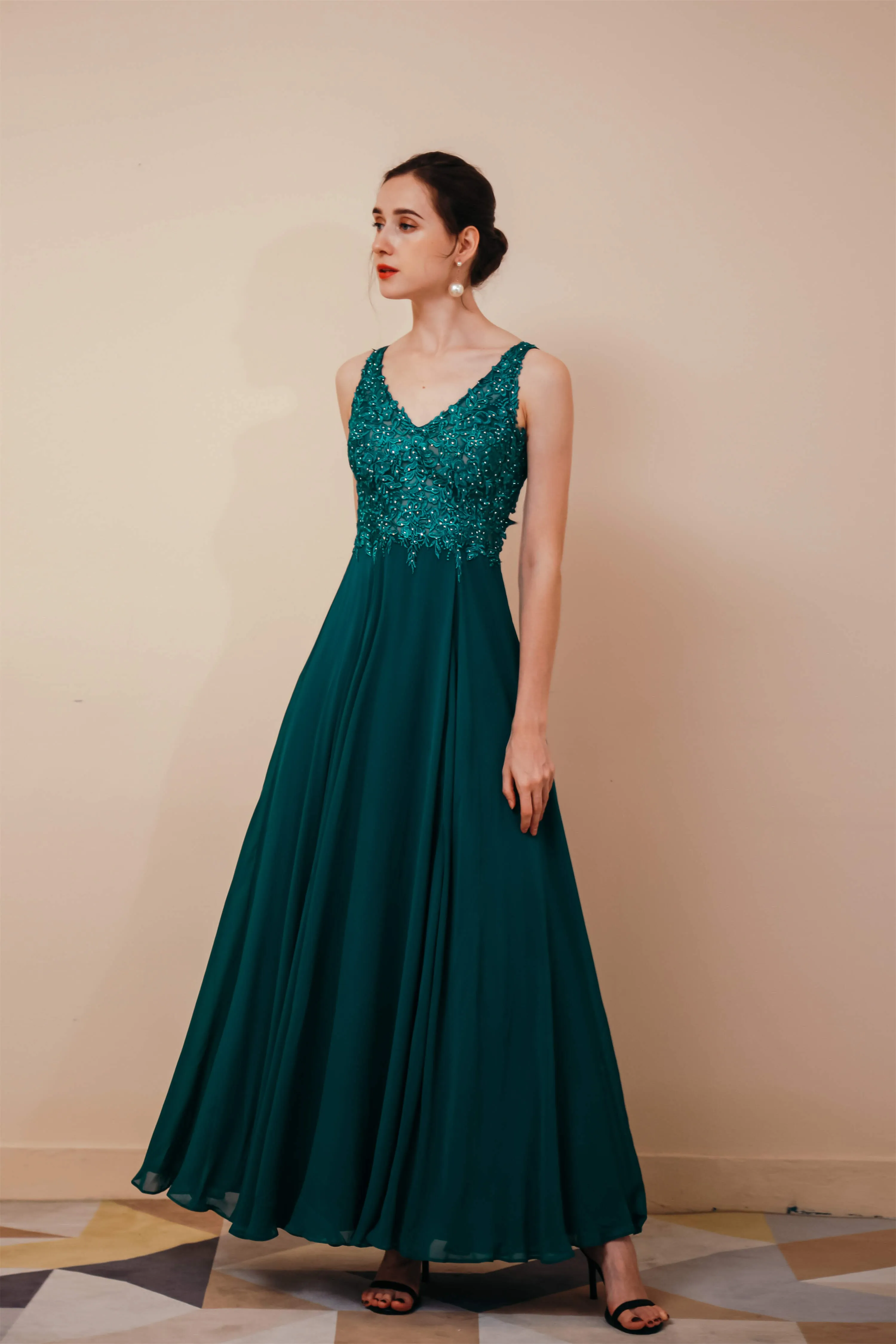 V-Neck Chiffon Appliques A Line Long Prom Dresses