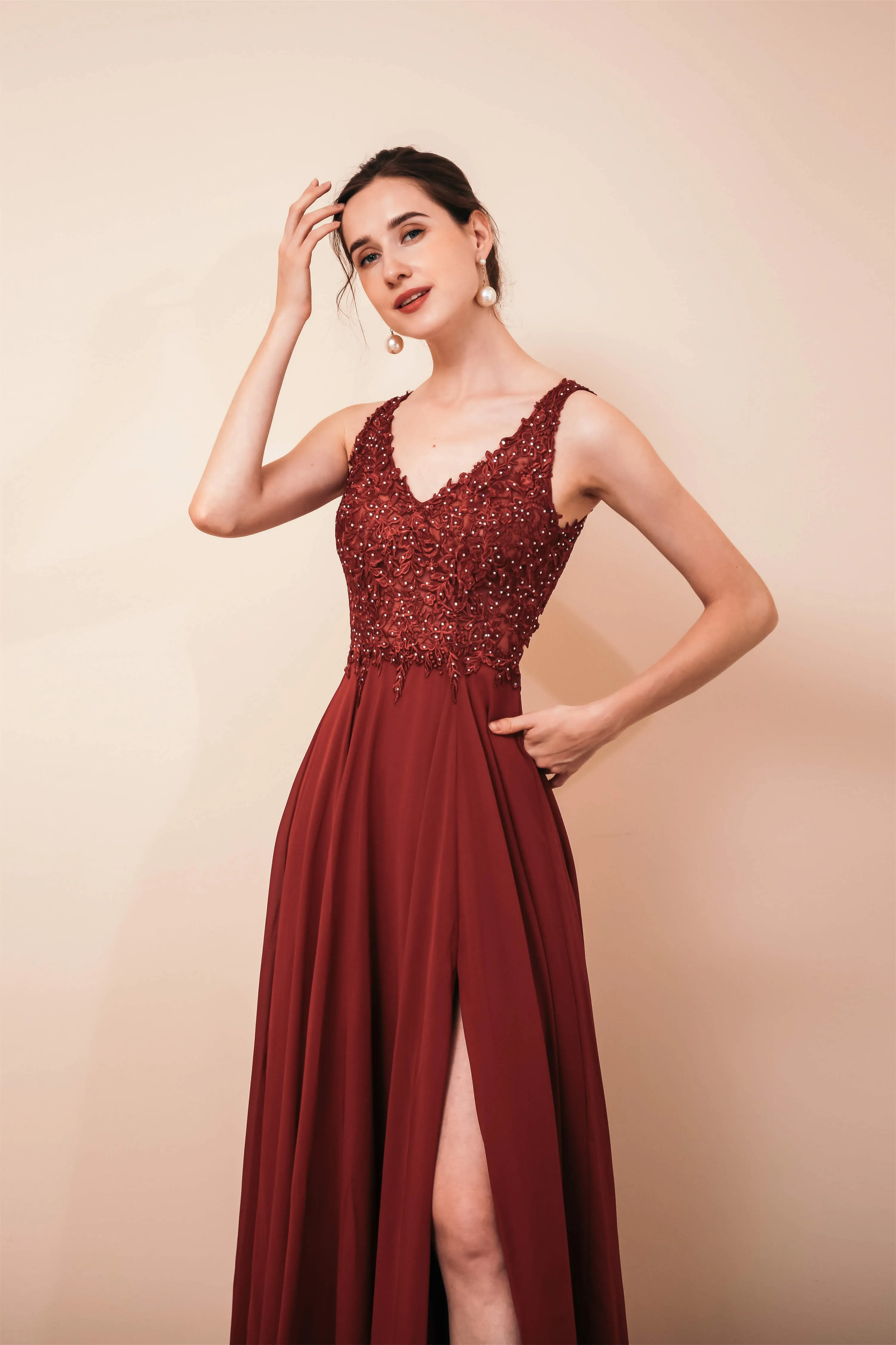 V-Neck Chiffon Appliques A Line Long Prom Dresses