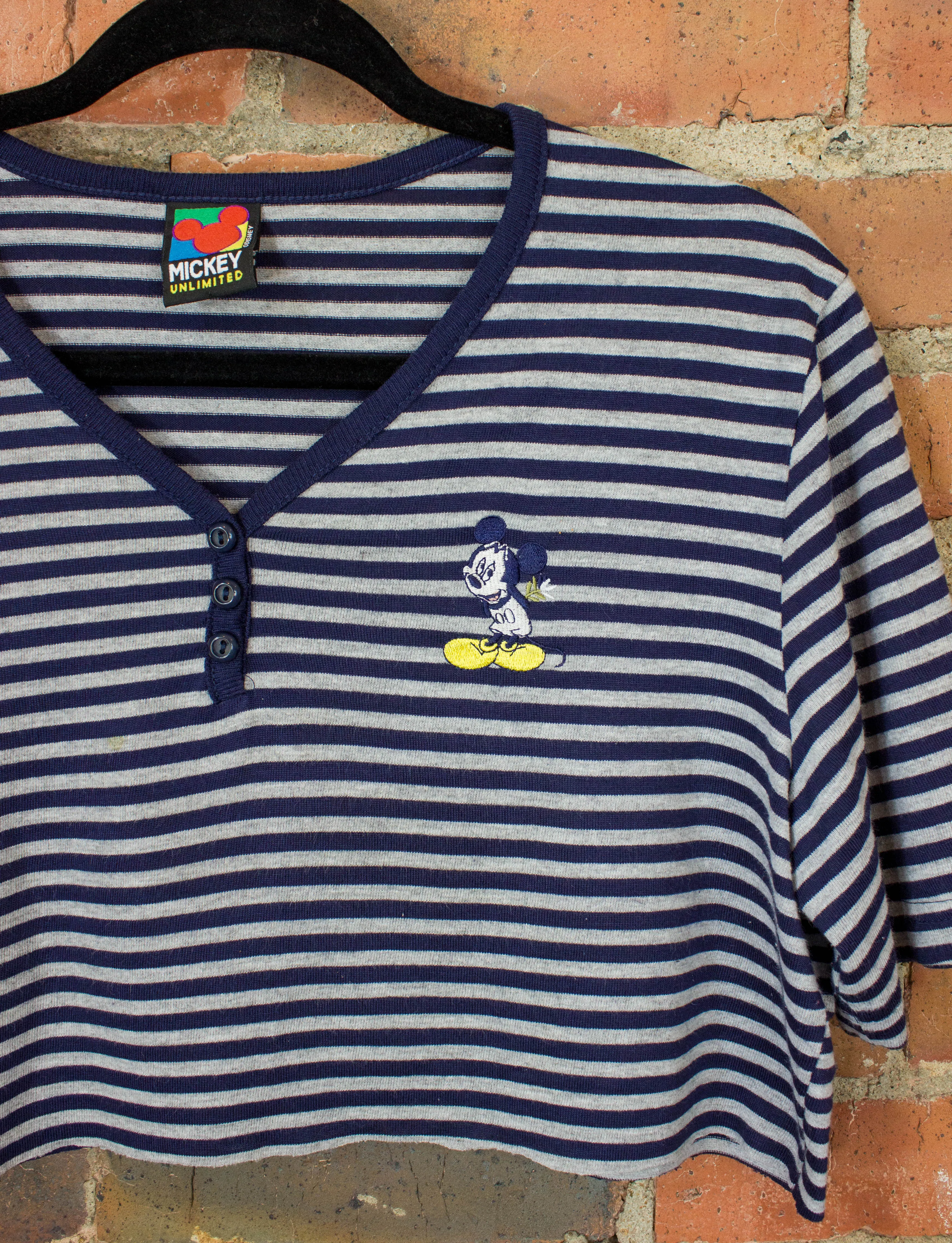 Vintage Mickey Mouse Cropped Graphic T Shirt 90s Navy Blue and Grey Stripes Henley Large