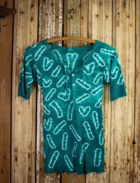 Vintage Mihitabel Tie Dye Henley T Shirt 60s Teal and White XS