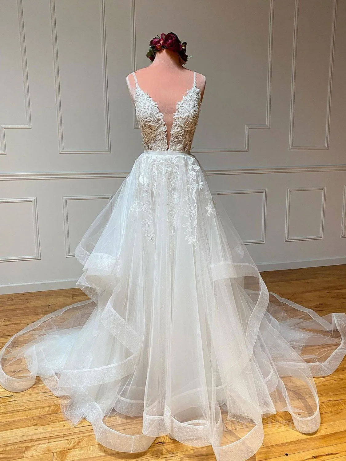 White v neck tulle lace long prom dress white lace formal dress