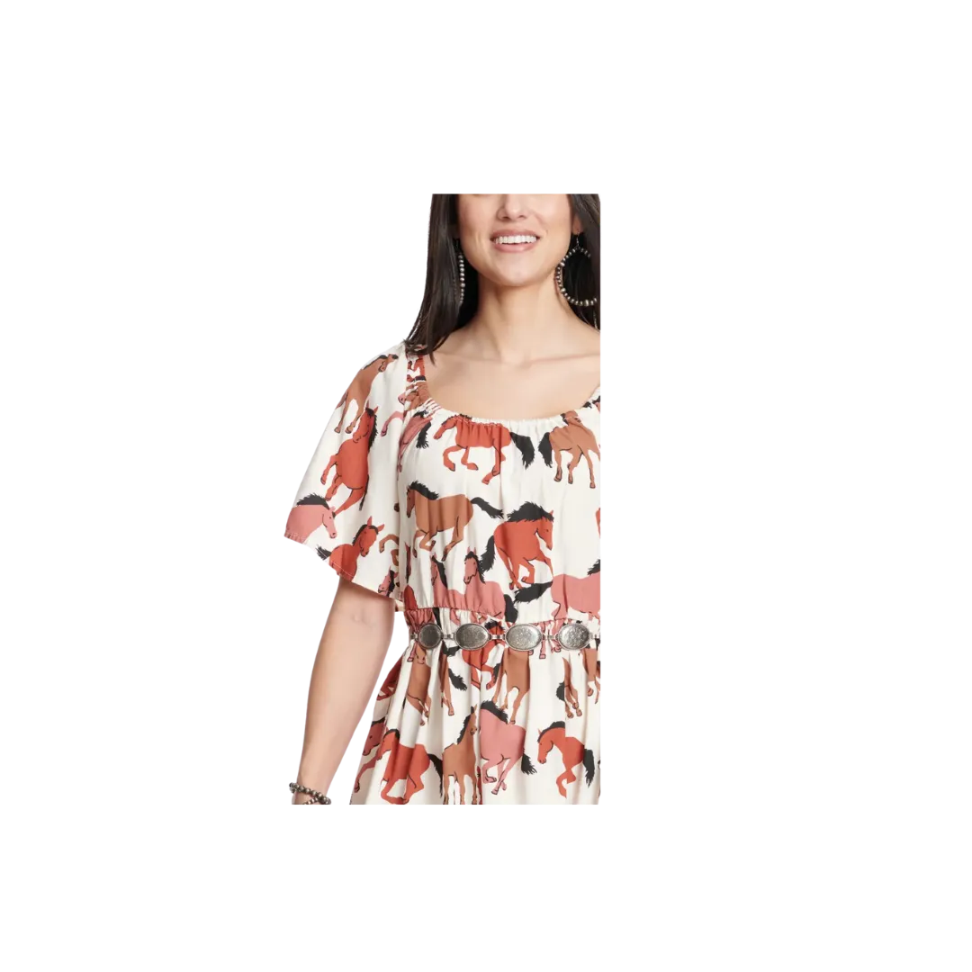 Wrangler Women's Retro Cream Horses Print Short Flutter Sleeve Brown Dress