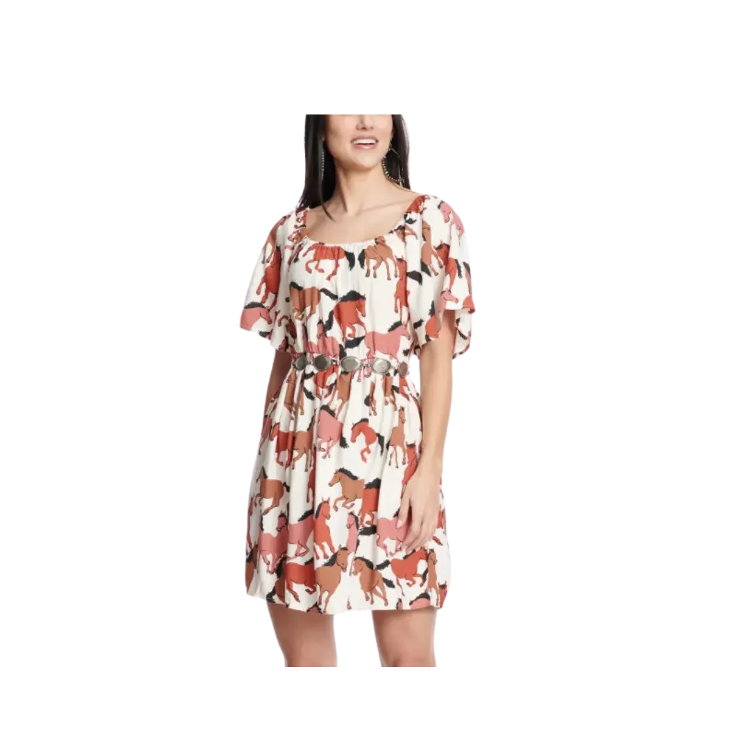 Wrangler Women's Retro Cream Horses Print Short Flutter Sleeve Brown Dress