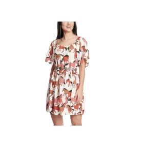 Wrangler Women's Retro Cream Horses Print Short Flutter Sleeve Brown Dress